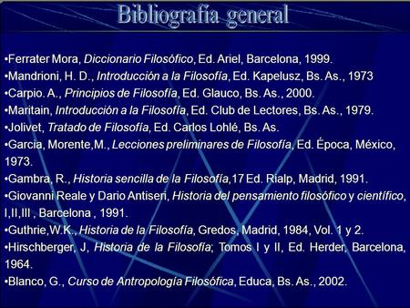 Ferrater Mora, Diccionario Filosófico, Ed. Ariel, Barcelona, 1999. Mandrioni, H. D., Introducción a la Filosofía, Ed. Kapelusz, Bs. As., 1973 Carpio. A.,