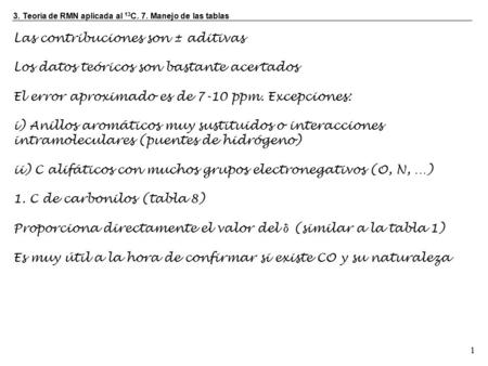 1 Las contribuciones son ± aditivas Los datos teóricos son bastante acertados El error aproximado es de 7-10 ppm. Excepciones: i) Anillos aromáticos muy.