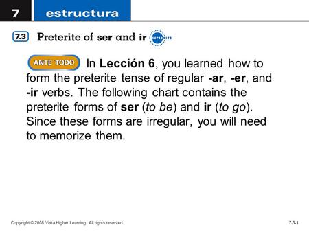 Copyright © 2008 Vista Higher Learning. All rights reserved.7.3-1 In Lección 6, you learned how to form the preterite tense of regular -ar, -er, and -ir.