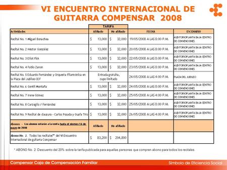 * ABONO No. 2: Descuento del 20% sobre la tarifa publicada para aquellas personas que compren abono para todos los recitales. VI ENCUENTRO INTERNACIONAL.