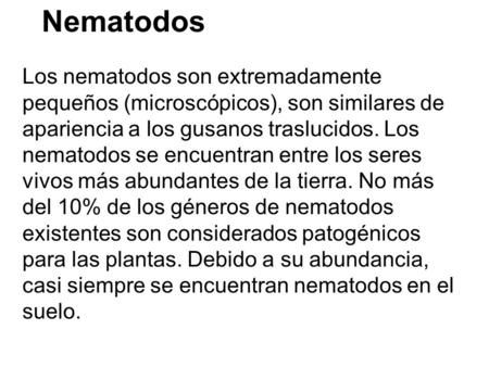 Nematodos Los nematodos son extremadamente pequeños (microscópicos), son similares de apariencia a los gusanos traslucidos. Los nematodos se encuentran.
