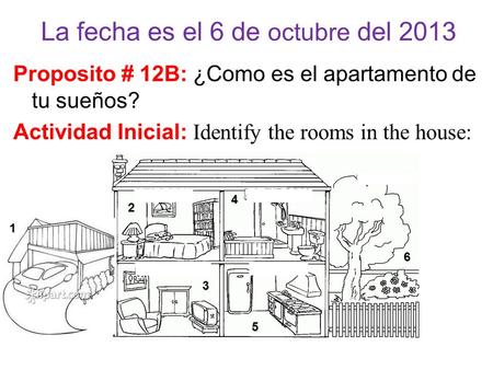 La fecha es el 6 de octubre del 2013 Proposito # 12B: ¿Como es el apartamento de tu sueños? Actividad Inicial: Identify the rooms in the house: 2 1 3 4.