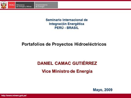 Seminario Internacional de Integración Energética PERÚ - BRASIL Mayo, 2009 DANIEL CAMAC GUTIÉRREZ Vice Ministro de Energía Portafolios.