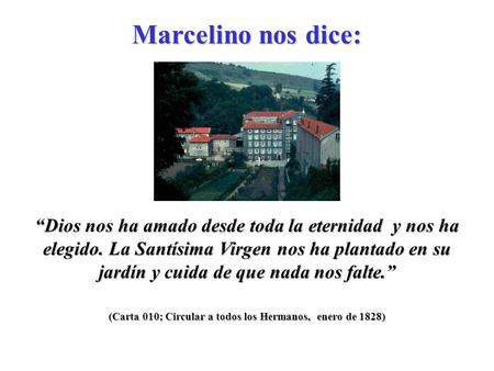 (Carta 010; Circular a todos los Hermanos, enero de 1828) “Dios nos ha amado desde toda la eternidad y nos ha elegido. La Santísima Virgen nos ha plantado.