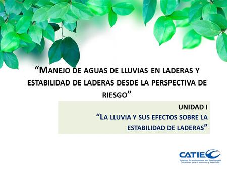 “Manejo de aguas de lluvias en laderas y estabilidad de laderas desde la perspectiva de riesgo” UNIDAD I “La lluvia y sus efectos sobre la estabilidad.