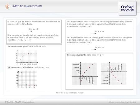 1º BACHILLERATO | Matemáticas © Oxford University Press España, S.A. 2008 Hacer clic en la pantalla para avanzar LÍMITE DE UNA SUCESIÓN Sucesión convergente: