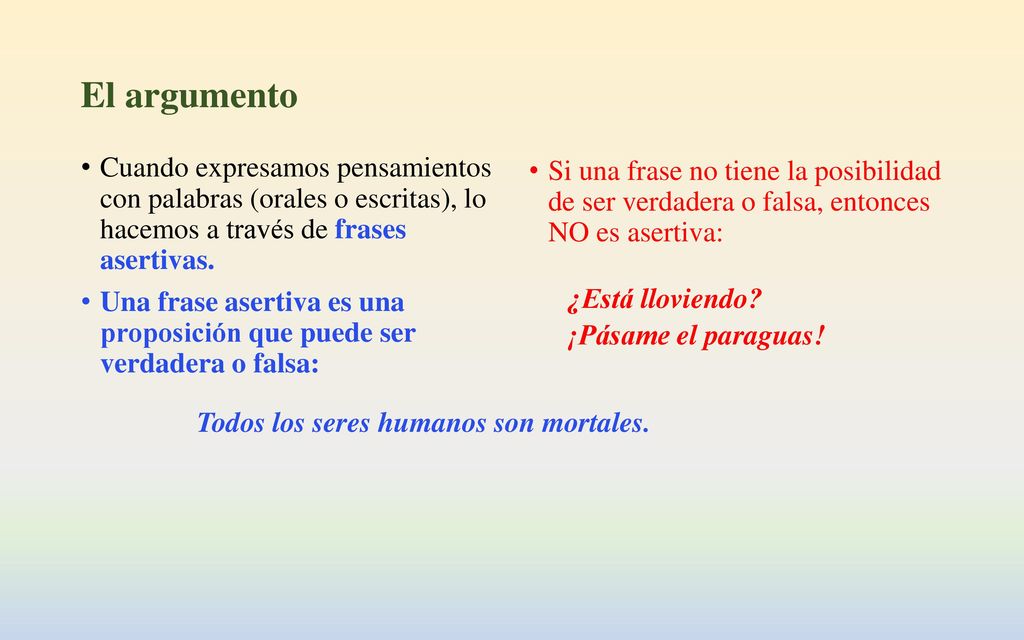 El argumento Cuando expresamos pensamientos con palabras (orales o  escritas), lo hacemos a través de frases asertivas. Una frase asertiva es  una proposición. - ppt descargar