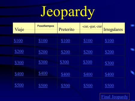 Jeopardy Viaje Pasatiempos Preterito -car,-gar,-zar Irregulares $100 $200 $300 $400 $500 $100 $200 $300 $400 $500 Final Jeopardy.