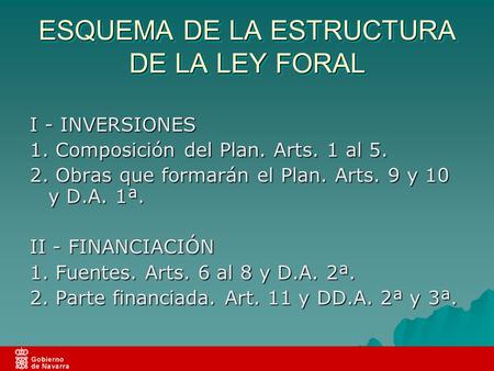 ESQUEMA DE LA ESTRUCTURA DE LA LEY FORAL I - INVERSIONES 1. Composición del Plan. Arts. 1 al 5. 2. Obras que formarán el Plan. Arts. 9 y 10 y D.A. 1ª.
