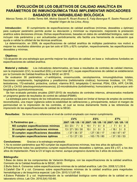EVOLUCIÓN DE LOS OBJETIVOS DE CALIDAD ANALÍTICA EN PARÁMETROS DE INMUNOQUÍMICA TRAS IMPLEMENTAR INDICADORES BASADOS EN VARIABILIDAD BIOLÓGICA Marcos Tomás.