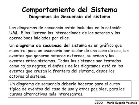 DSOO - Maria Eugenia Valencia Comportamiento del Sistema Diagramas de Secuencia del sistema Los diagramas de secuencia están incluidos en la notación UML.