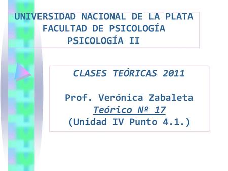 UNIVERSIDAD NACIONAL DE LA PLATA FACULTAD DE PSICOLOGÍA PSICOLOGÍA II CLASES TEÓRICAS 2011 Prof. Verónica Zabaleta Teórico Nº 17 (Unidad IV Punto 4.1.)