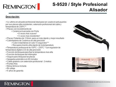 Descripción: Lo ultimo en alisador profesional ideal para ser usado en peluquerías por sus placas ultra resistentes, extensión profesional del cable y.