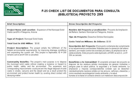 F-25 CHECK LIST DE DOCUMENTOS PARA CONSULTA (BIBLIOTECA) PROYECTO 295 Brief Description:Breve Descripción del Proyecto: Project Name and Location : Expansion.