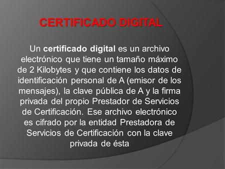 CERTIFICADO DIGITAL Un certificado digital es un archivo electrónico que tiene un tamaño máximo de 2 Kilobytes y que contiene los datos de identificación.