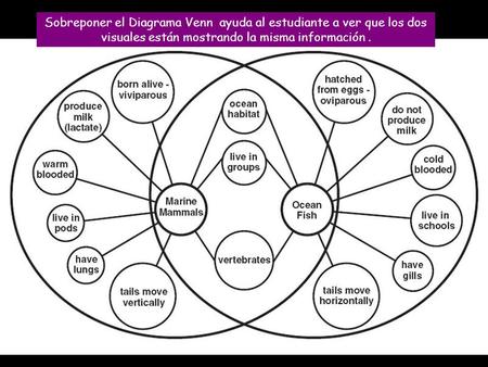 Sobreponer el Diagrama Venn ayuda al estudiante a ver que los dos visuales están mostrando la misma información.