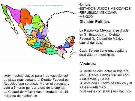 División Política. Vecinos: Nombre: ESTADOS UNIDOS MEXICANOS