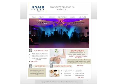 TU EVENTO TAL COMO LO SOÑASTE… ANAHIEVENTOSSERVICIOSGALERIACONTACTOEQUIPAMIENTO NUESTRA UBICACION ZONA DE FACIL ACCESO ZONA DE LIBRE ESTACIONA ZONA MUY.
