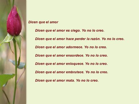 Dicen que el amor Dicen que el amor es ciego. Yo no lo creo. Dicen que el amor hace perder la razón. Yo no lo creo. Dicen que el amor adormece. Yo no lo.