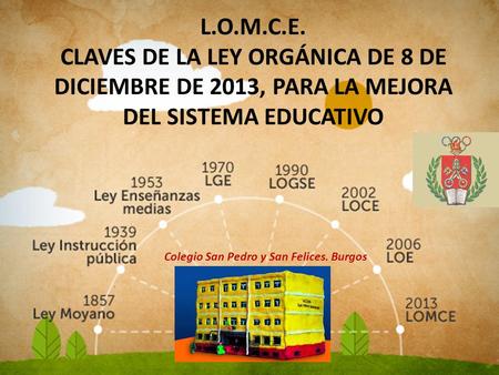 L.O.M.C.E. CLAVES DE LA LEY ORGÁNICA DE 8 DE DICIEMBRE DE 2013, PARA LA MEJORA DEL SISTEMA EDUCATIVO Colegio San Pedro y San Felices. Burgos.