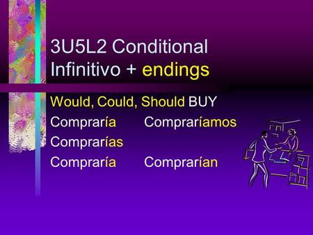 3U5L2 Conditional Infinitivo + endings Would, Could, Should BUY CompraríaCompraríamos Comprarías CompraríaComprarían.