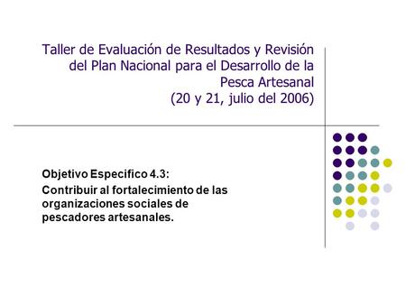 Taller de Evaluación de Resultados y Revisión del Plan Nacional para el Desarrollo de la Pesca Artesanal (20 y 21, julio del 2006) Objetivo Especifico.