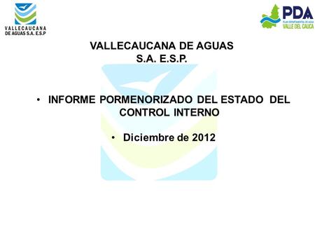 INFORME PORMENORIZADO DEL ESTADO DEL CONTROL INTERNO Diciembre de 2012 VALLECAUCANA DE AGUAS S.A. E.S.P.