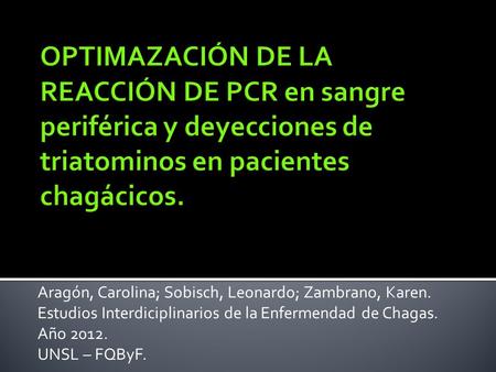 Aragón, Carolina; Sobisch, Leonardo; Zambrano, Karen. Estudios Interdiciplinarios de la Enfermendad de Chagas. Año 2012. UNSL – FQByF.