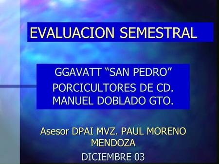 EVALUACION SEMESTRAL GGAVATT “SAN PEDRO” PORCICULTORES DE CD. MANUEL DOBLADO GTO. Asesor DPAI MVZ. PAUL MORENO MENDOZA DICIEMBRE 03.