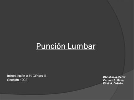 Punción Lumbar Introducción a la Clínica II Sección 1002 Christian A. Pérez Carmen S. Mena Elmir A. Oviedo.