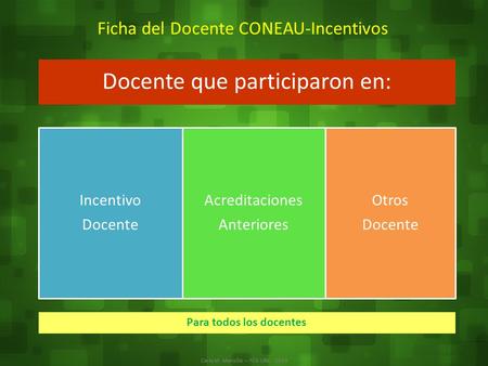 Docente que participaron en: Incentivo Docente Acreditaciones Anteriores Otros Docente Para todos los docentes Ficha del Docente CONEAU-Incentivos.