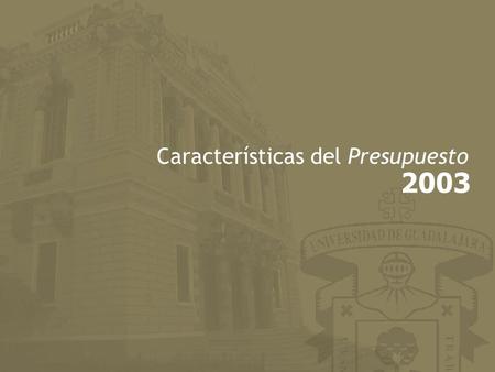 Características del Presupuesto 2003. Características  Basado en una nueva estructura programática, concebida como grandes cursos de acción que reorientan.