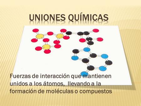 UNIONES QUÍMICAS Fuerzas de interacción que mantienen unidos a los átomos, llevando a la formación de moléculas o compuestos.