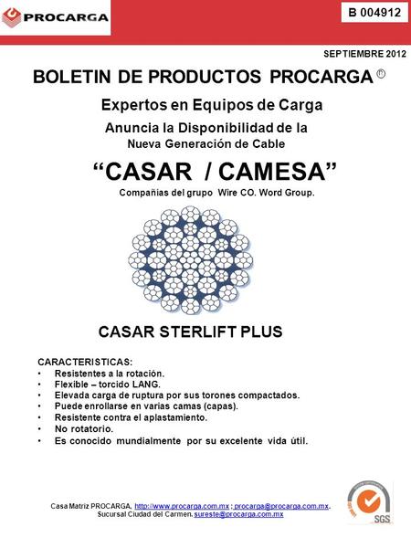 BOLETIN DE PRODUCTOS PROCARGA Anuncia la Disponibilidad de la Nueva G eneración de Cable “CASAR / CAMESA” Compañías del grupo Wire CO. Word Group. CASAR.