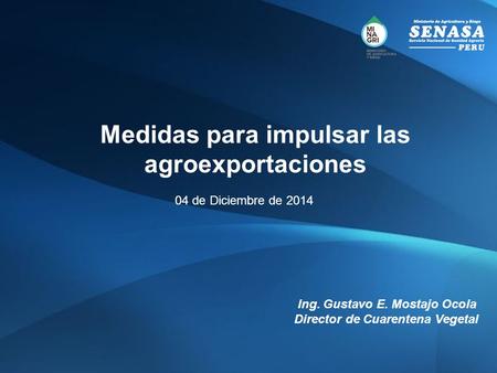 Medidas para impulsar las agroexportaciones Ing. Gustavo E. Mostajo Ocola Director de Cuarentena Vegetal 04 de Diciembre de 2014.