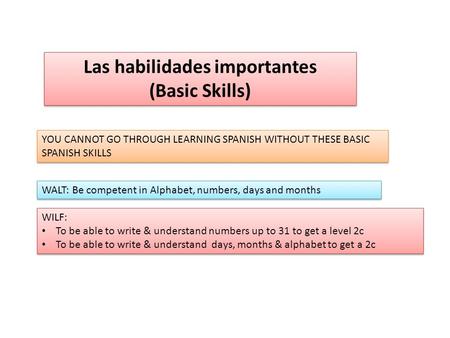 Las habilidades importantes (Basic Skills) Las habilidades importantes (Basic Skills) YOU CANNOT GO THROUGH LEARNING SPANISH WITHOUT THESE BASIC SPANISH.