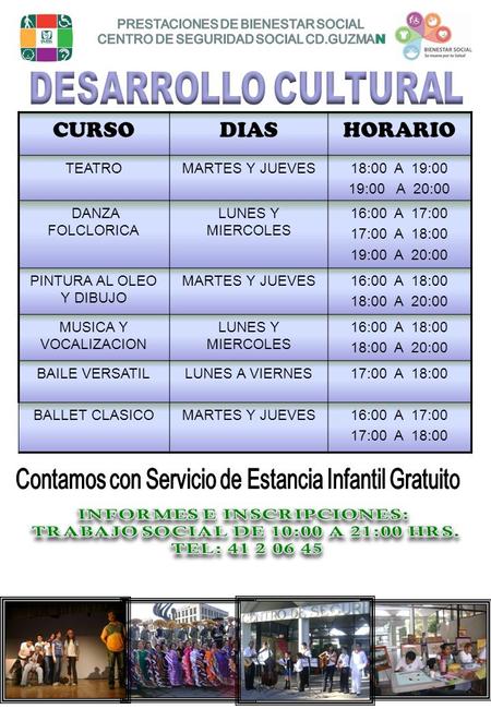 CURSODIASHORARIO TEATROMARTES Y JUEVES18:00 A 19:00 19:00 A 20:00 DANZA FOLCLORICA LUNES Y MIERCOLES 16:00 A 17:00 17:00 A 18:00 19:00 A 20:00 PINTURA.