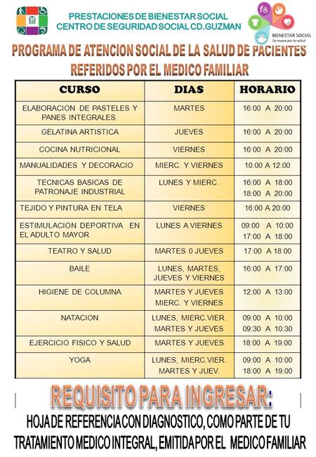 CURSODIASHORARIO ELABORACION DE PASTELES Y PANES INTEGRALES. MARTES16:00 A 20:00 GELATINA ARTISTICAJUEVES16:00 A 20:00 COCINA NUTRICIONALVIERNES16:00 A.