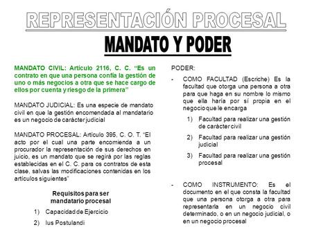REPRESENTACIÓN PROCESAL Requisitos para ser mandatario procesal