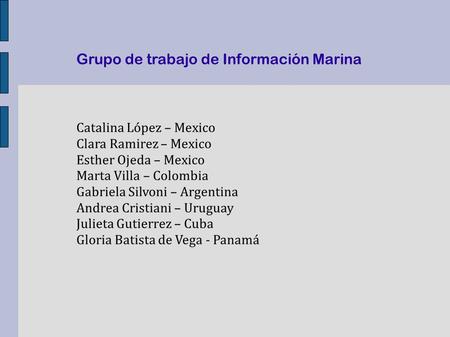 Grupo de trabajo de Información Marina Catalina López – Mexico Clara Ramirez – Mexico Esther Ojeda – Mexico Marta Villa – Colombia Gabriela Silvoni – Argentina.