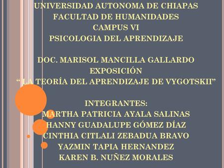 UNIVERSIDAD AUTONOMA DE CHIAPAS FACULTAD DE HUMANIDADES CAMPUS VI PSICOLOGIA DEL APRENDIZAJE DOC. MARISOL MANCILLA GALLARDO EXPOSICIÓN “ LA TEORÍA DEL.