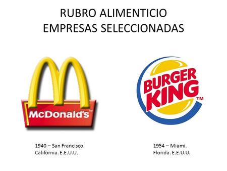 RUBRO ALIMENTICIO EMPRESAS SELECCIONADAS 1940 – San Francisco. California. E.E.U.U. 1954 – Miami. Florida. E.E.U.U.