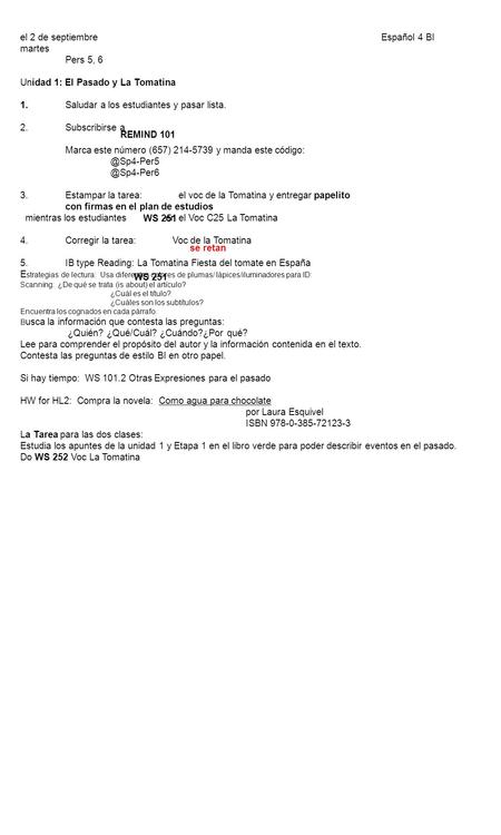 el 2 de septiembre Español 4 BI martes Pers 5, 6