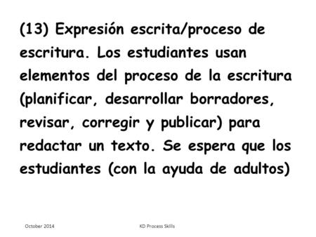 (13) Expresión escrita/proceso de escritura. Los estudiantes usan elementos del proceso de la escritura (planificar, desarrollar borradores, revisar, corregir.