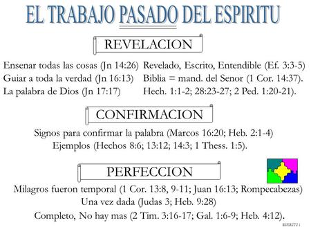 ESPIRITU 1 Ensenar todas las cosas (Jn 14:26) Signos para confirmar la palabra (Marcos 16:20; Heb. 2:1-4) Ejemplos (Hechos 8:6; 13:12; 14:3; 1 Thess. 1:5).