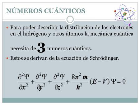 NÚMEROS CUÁNTICOS Para poder describir la distribución de los electrones en el hidrógeno y otros átomos la mecánica cuántica necesita de 3 números cuánticos.