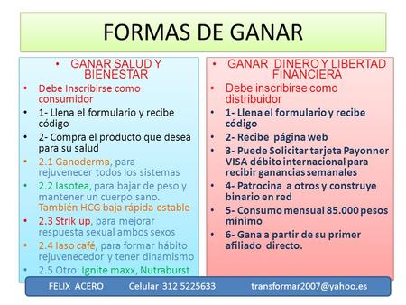 FORMAS DE GANAR GANAR SALUD Y BIENESTAR Debe Inscribirse como consumidor 1- Llena el formulario y recibe código 2- Compra el producto que desea para su.