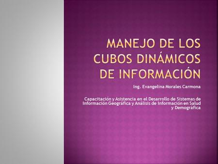 Ing. Evangelina Morales Carmona Capacitación y Asistencia en el Desarrollo de Sistemas de Información Geográfica y Análisis de Información en Salud y Demográfica.
