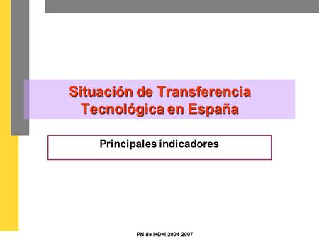 PN de I+D+I 2004-2007 Situación de Transferencia Tecnológica en España Principales indicadores.