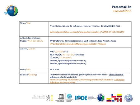Título/Title: Presentación nacional de indicadores costeros y marinos de NOMBRE DEL PAÍS National presentation on coastal and marine indicators of NAME.